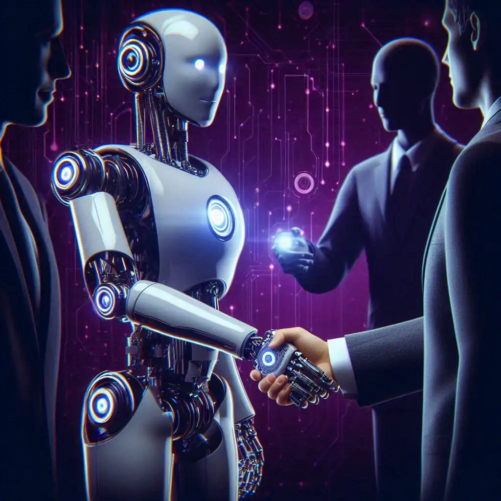 A robot shaking hands with humans.