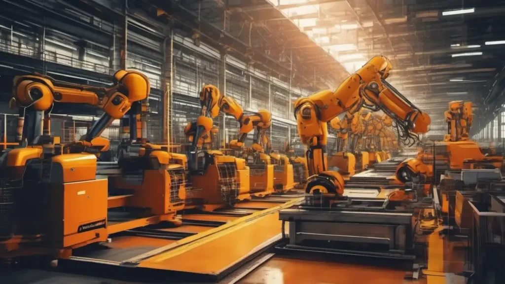 A manufacturing factory where orange-colored robotic arms are working.